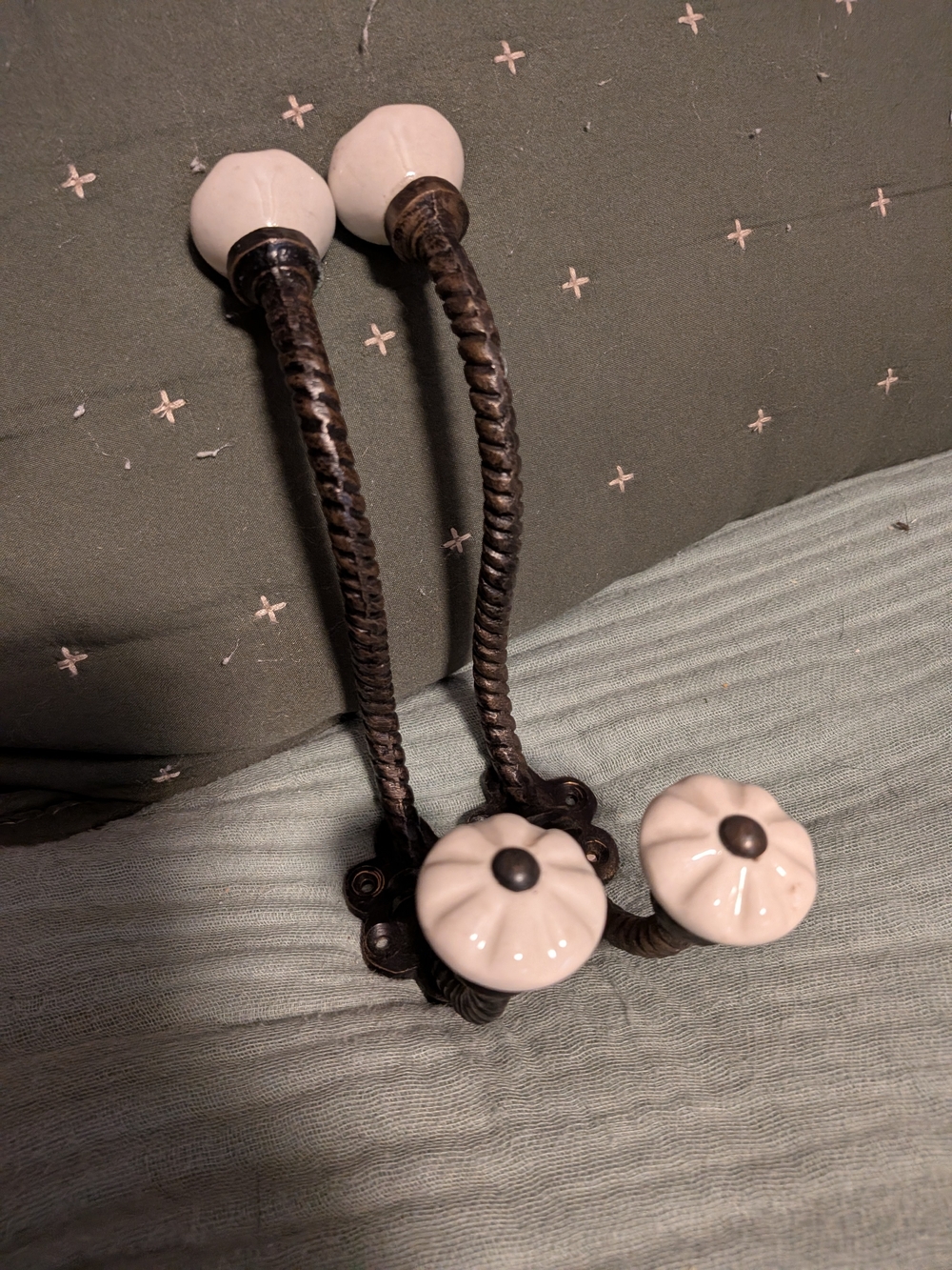 Double Porcelain Knob Wall Hook in White and Bronze